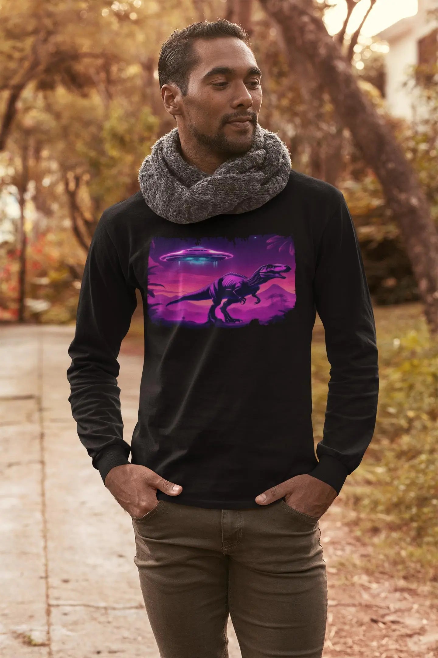 UFO Visiting T-Rex - Unisex Jersey Long Sleeve T-Shirt - NEXTHREADZ Apparel Inc